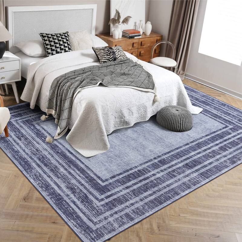 Washable Area Rugs for Living Room, Soft Modern Bordered Rug Non Slip Low Profile Carpets for Bedroom Dining Room - Blue - 8' x 10'