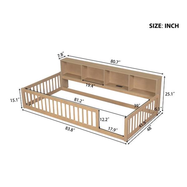 dimension image slide 2 of 3, Wood Twin XL Size Floor Bed with Storage Cabinets and USB Ports, Solid Wood Bedframe w/Fence, No Box Spring Needed