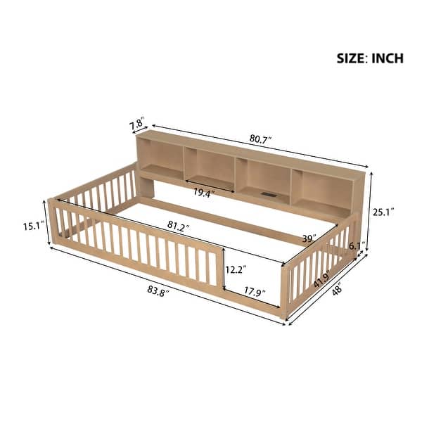 dimension image slide 0 of 3, Wood Twin XL Size Floor Bed with Storage Cabinets and USB Ports