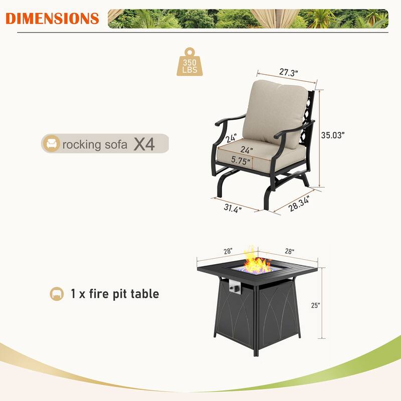 MAISON ARTS 5-Piece Patio Conversation Set with 28'' Gas Fire Pit Table