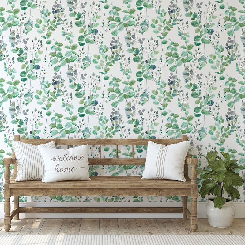 Watercolor Leaves White and Green Wallpaper - N/A