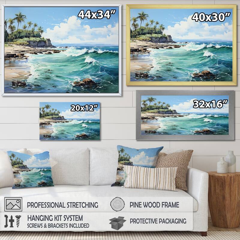 Designart "Turquoise Palm Tree Tropics Breeze" Palms & Palm Trees Framed Wall Decor