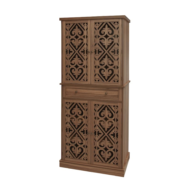 Roomfitters 4 Door Storage Cabinet with Drawer, Tall Pantry Cabinet with Adjustable Shelves, Walnut