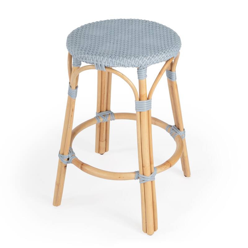 Tobias 24" Rattan Round Counter Stool - Baby Blue/ Natural Rattan Frame