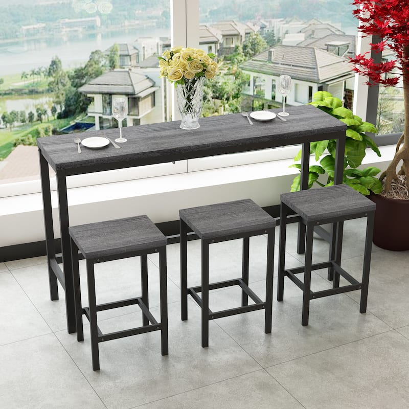 Long Dining Table Set with 3 Stools Pub Kitchen Set Side Table with Footrest