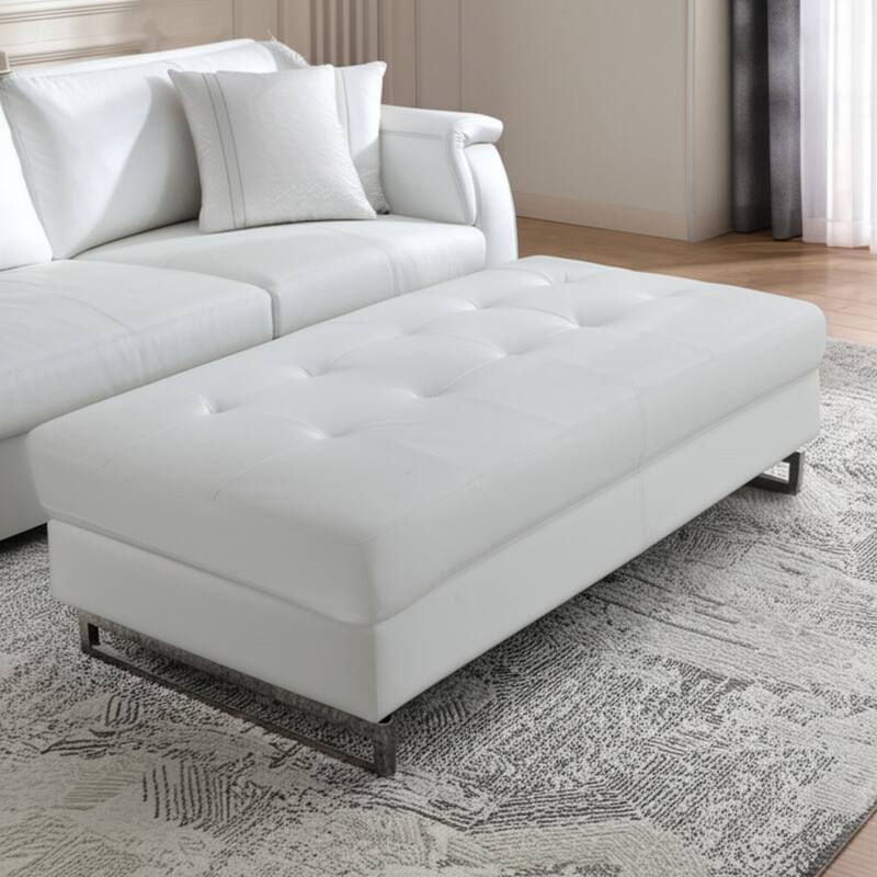 HomeRoots 63" White and Silver Faux Leather Ottoman