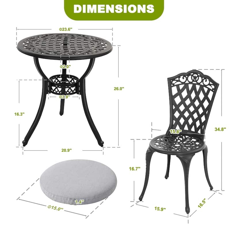 Patio 3-Piece Cast Aluminum Bistro Set with Cushions, Umbrella Hole