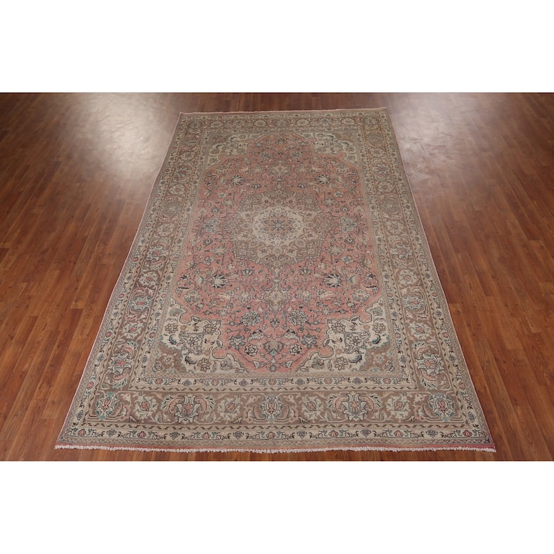 Pink Tabriz Vintage Persian Rug Hand-Knotted Traditional Wool Carpet - 6'6" x 9'11"