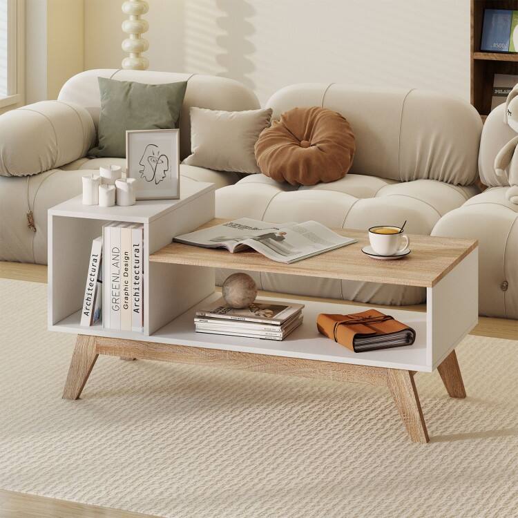 White-Natural Engineered Wood MDF Coffee Table with Stepped Storage and Compartments - 43" x 19" x 21"