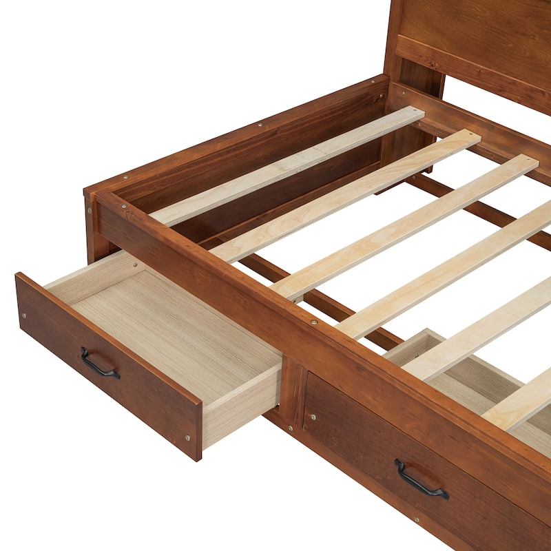 Twin Size Wooden Daybed with 3 Storage Drawers, Upper Soft Board, shelf, and a set of Sockets and USB Ports, Walnut