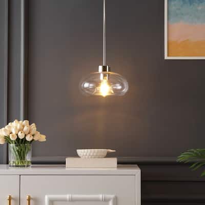 SAFAVIEH Lighting Ottilde Glass Shade Pendant - 11 In. W x 11 In. D x 15-45 In. H - Clear/Nickel - 11Wx11Dx45H
