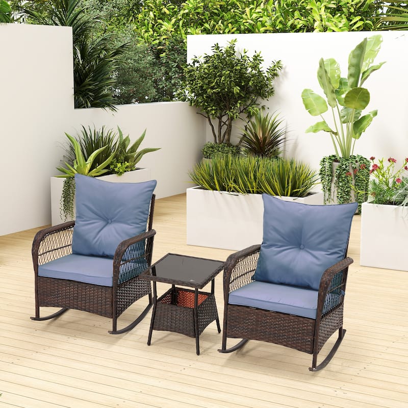 3-Piece Outdoor Rocking/Swivel Chair Set - PE Rattan Patio Furniture with Cushions & Coffee Table, Rocker Chairs for Backyard