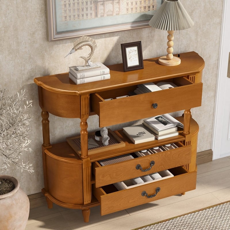 Retro 43" Curved Wood Console Table with 3 Drawers and Open Shelf, Sofa Table Behind Couch for Living Room and Hallway Storage