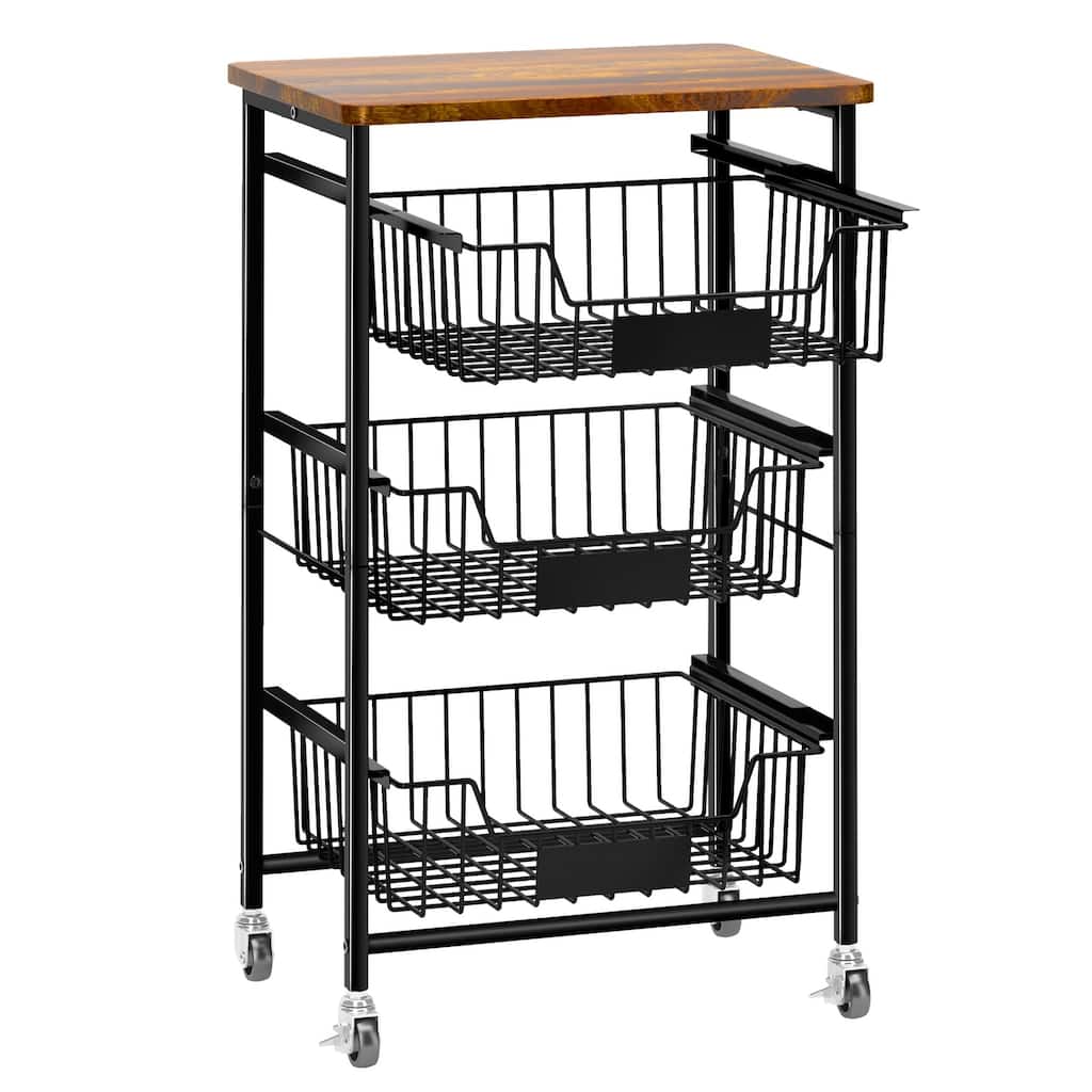 4-Tier Small Kitchen Storage Cart on Wheels, Metal Fruit Basket Stand with Pull-Out Baskets & Wood Top