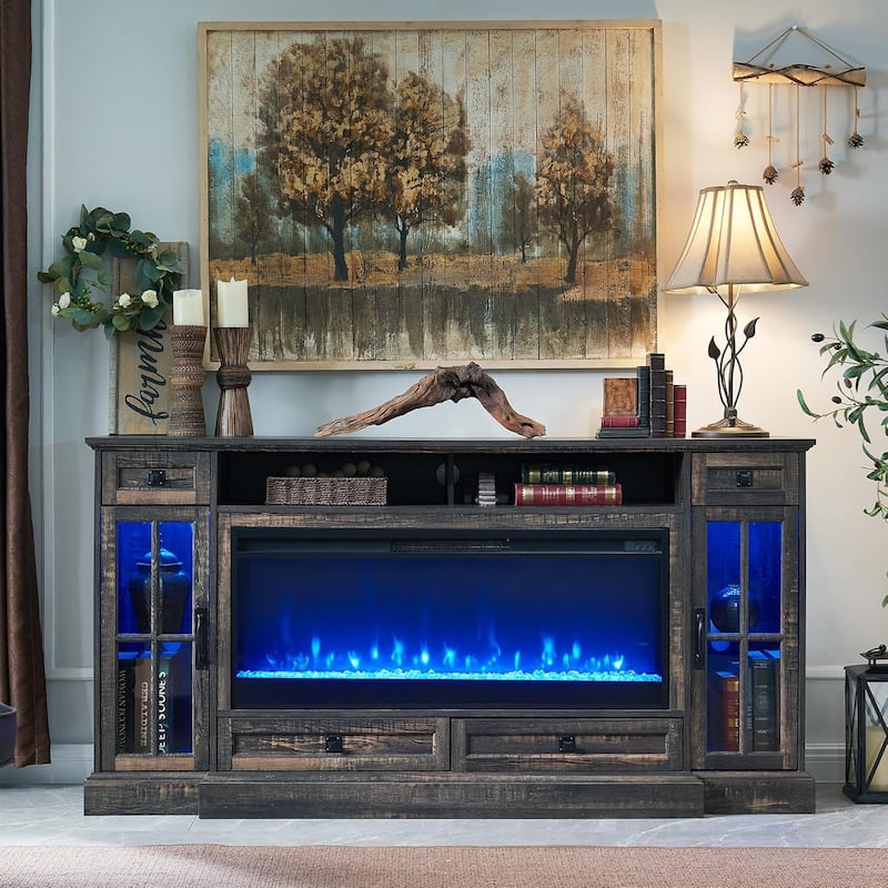 Fireplace TV Stand for 80 Inch TV, Entertainment Center,Media Console - Dark Rustic Oak
