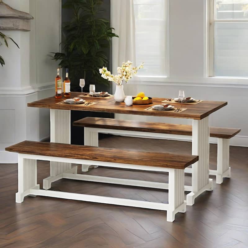 3-Piece White-Brown Wooden Kitchen Dining Set with Bench Seating Perfect for Breakfast Nook
