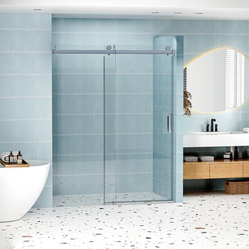 ABRUZZO 56-60" W x 76" H Frameless Soft-Closing Single Sliding Shower Door 1/4" (6mm) Explosion-Proof Tempered Glass