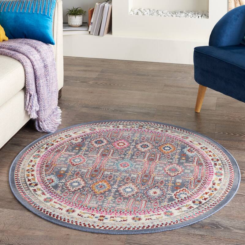 Nourison Vintage Kashan Modern Persian Geometric Medallion Area Rug - 4'  Round - Grey/Multi - Runner/Round