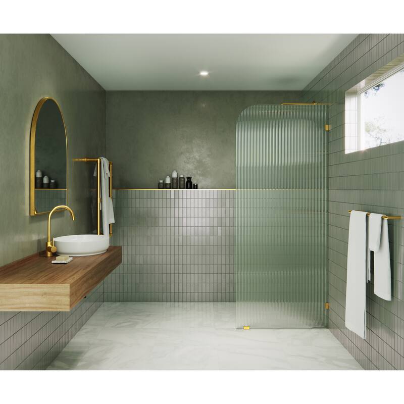 Glass Warehouse 36" x 78" Frameless Shower Door - Single Fixed Panel Fluted Frosted Radius - 36 Inch - Right - Satin Brass