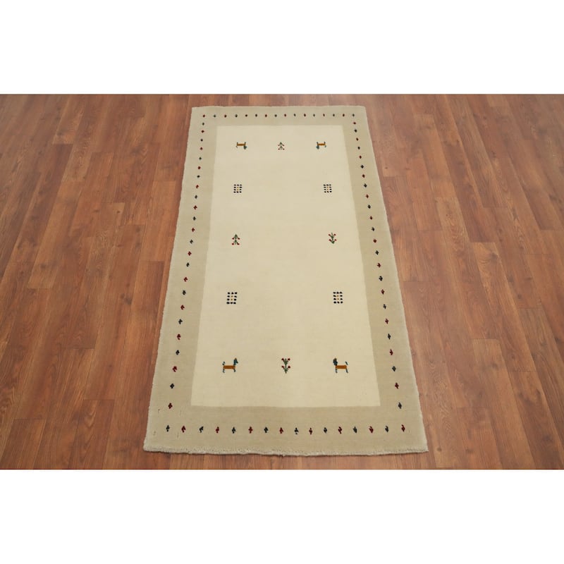 Hand Knotted Oriental 100% Wool Carpet Tribal Animal Pictorial Beige & Ivories Gabbeh Area Rug - 4' 5'' X 2' 4''
