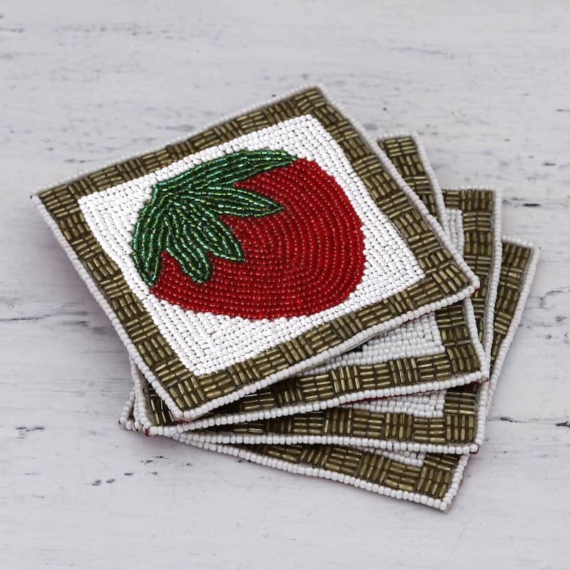 NOVICA Artisan Handblown Glass Beaded Coasters Strawberry From India Multicolor Tableware Barware 'Sweet Strawberry'(Set Of 4)