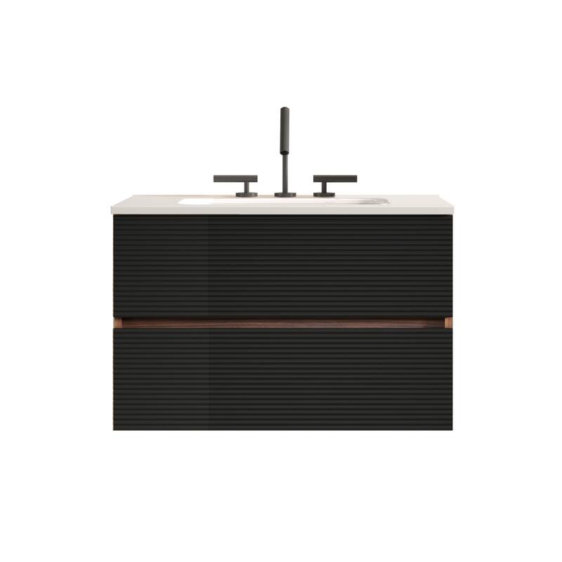 30" Wall Mounted Soft Black & Walnut Bathroom Vanity with Integrated Ceramic Sink with 3 holes