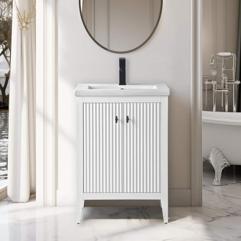 Vanity Art 24" Single Sink Bathroom Vanity Cabinet with Ceramic Top - 24"/Matte Black Handle - Linear White