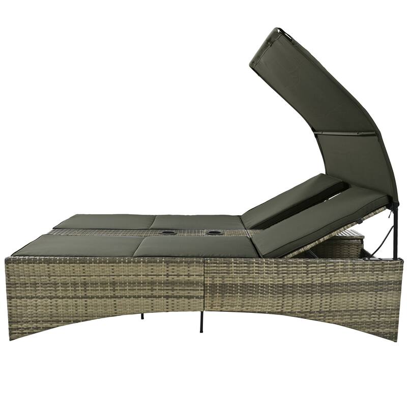 Outdoor Patio Rattan Daybed Sunbed with Canopy and Adjustable Backrest, Storage Box and 2 Cup Holders