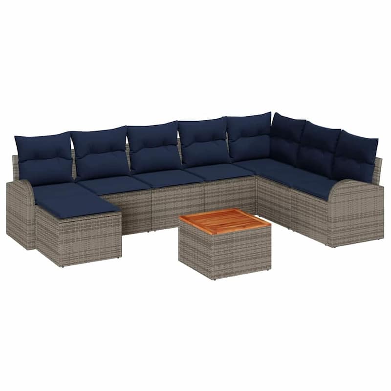 vidaXL 9 Garden Sofa Set with Cushions Black/Grey Poly Rattan - 113.8 x 70.5 x 27.2