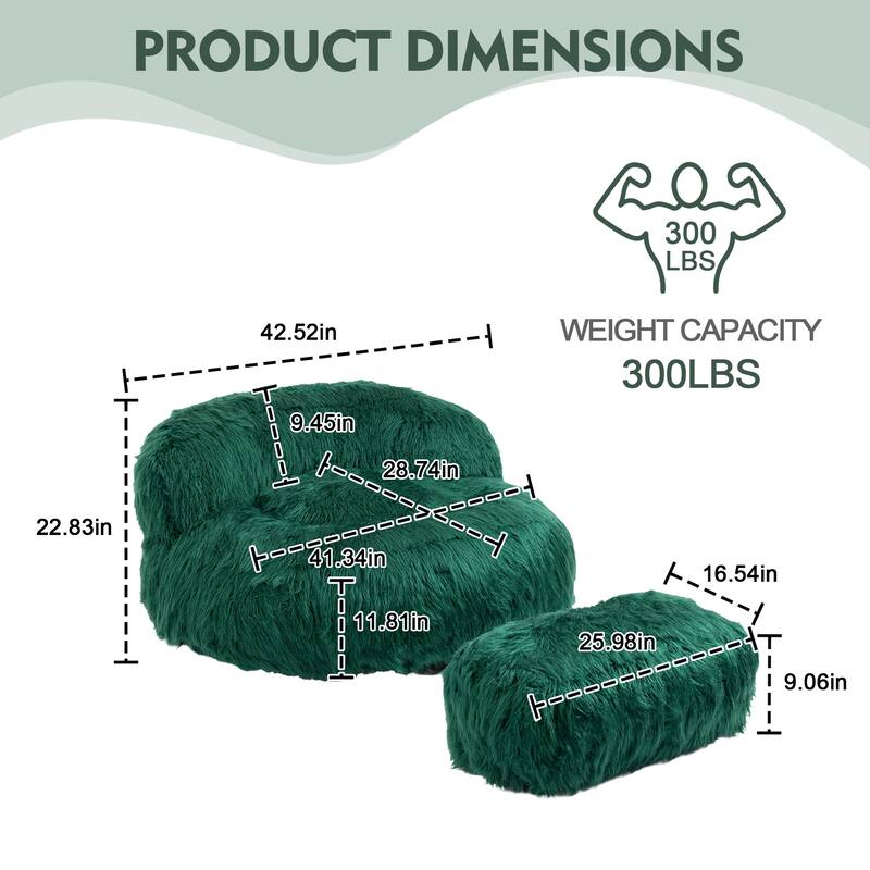 Plush Upholstered Round Comfort Lounger Bean Bag Chair with Ottoman