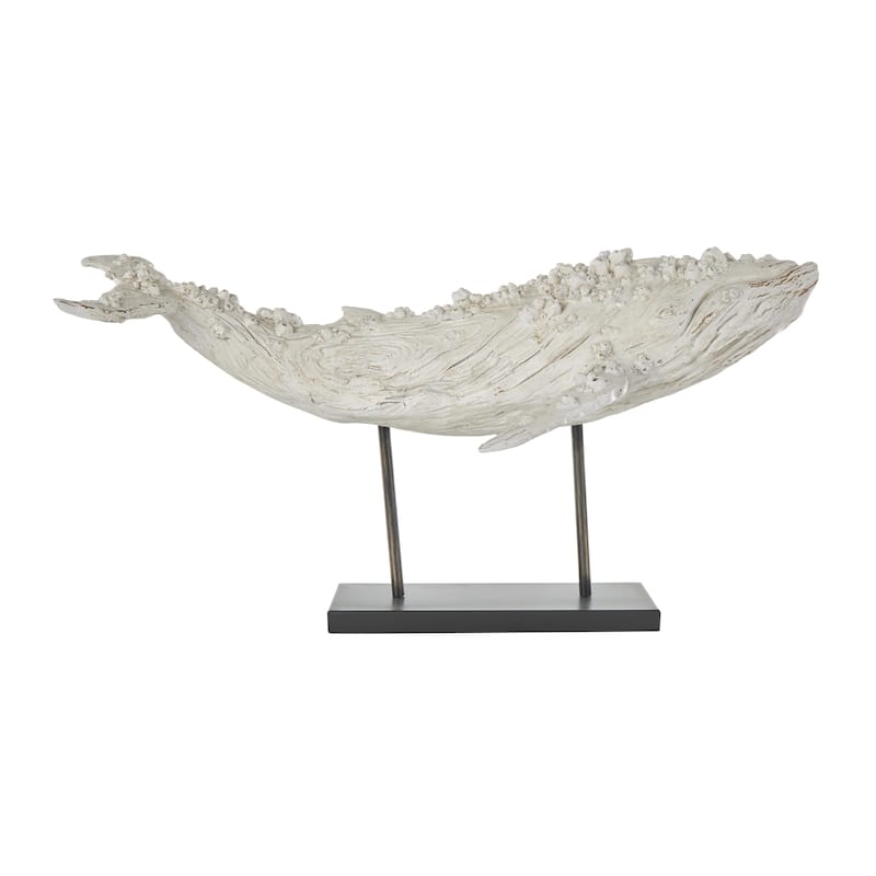 Polystone Whale Textured Decorative Sculpture with Brown Distressing and Black Metal Stand - Cream - Roche River Decor