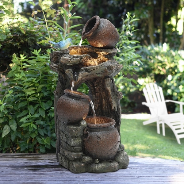 Rustic Pots on Tree Resin Outdoor Fountain with LED Lights