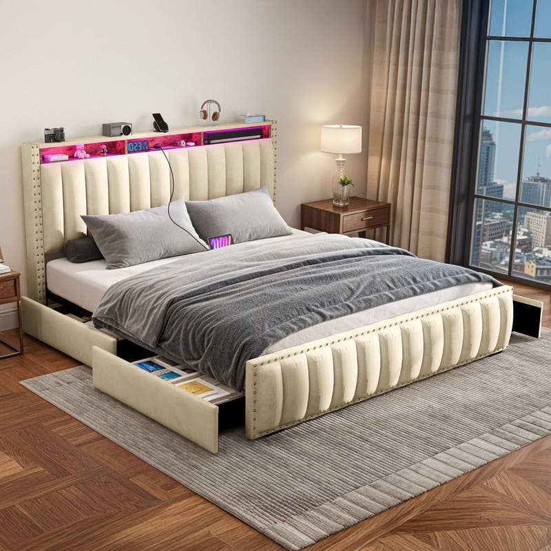 Full / Queen / King Size Platform Bed Frame with Upholstered Storage Headboard and 4 Drawers