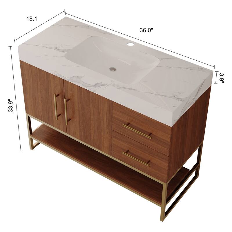36 Inch Modern Bathroom Vanity with Seamless Ceramic Sink, Freestanding Cabinet with Gold Accents and Storage