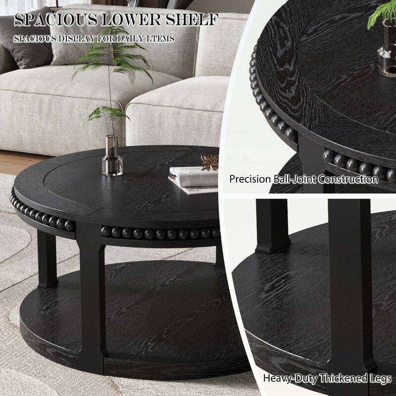 Round Wood Coffee Table - Two-Tier Thickened Top,Sturdy Legs