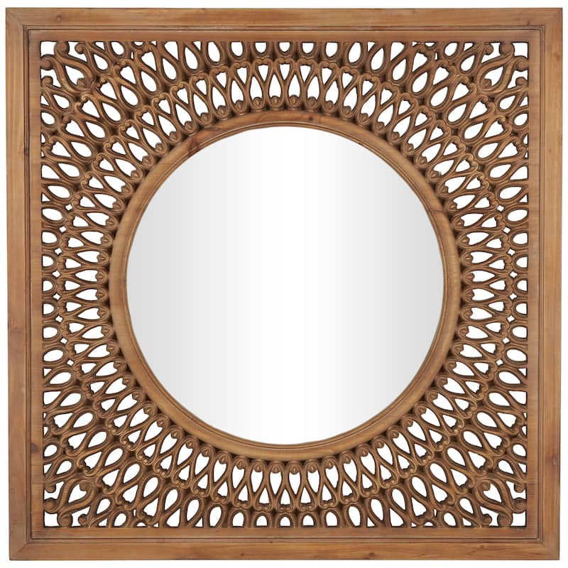 Wood Wall Mirror with Carved Scroll Pattern - Brown - Roche River Decor - 1"W x 40"L x 40"H