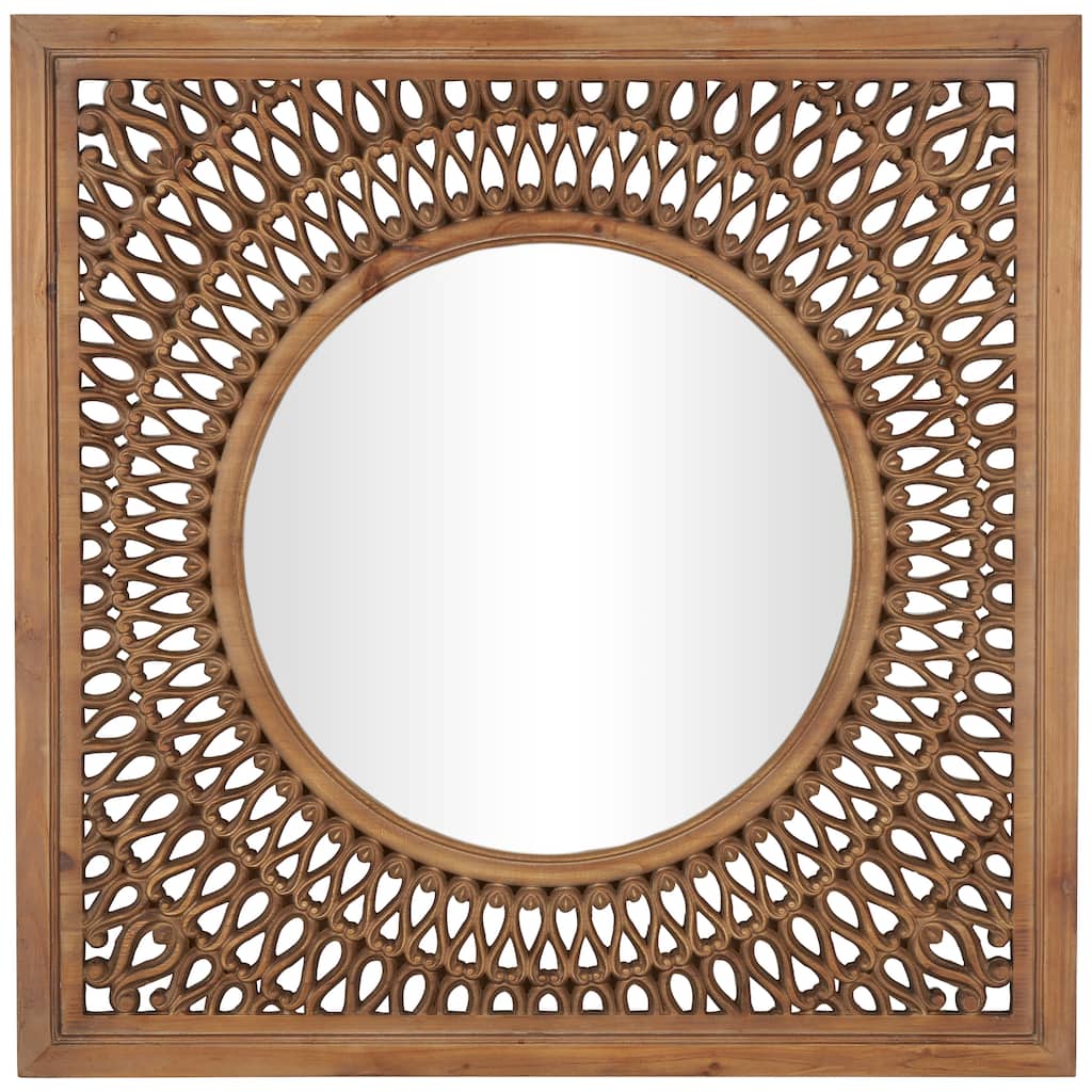 Wood Wall Mirror with Carved Scroll Pattern - Brown - Roche River Decor - 1"W x 40"L x 40"H