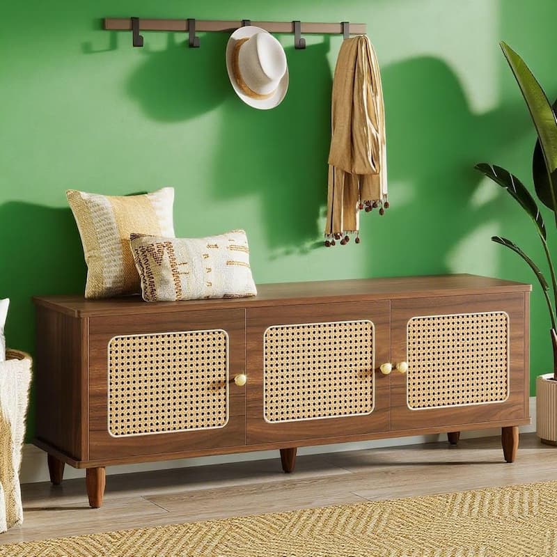 Rustic Rattan Shoe Storage Bench with Hidden Compartment Waterproof Finish and Multi Functional Design for Entryway