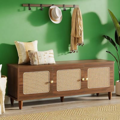 Rustic Rattan Shoe Storage Bench with Hidden Compartment Waterproof Finish and Multi Functional Design for Entryway