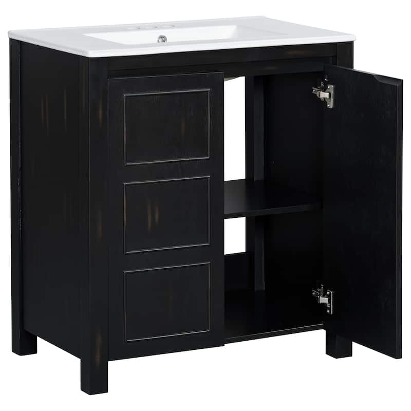 Center Rectangular Ceramic Sink Bathroom Vanity Cabinet with Adjustable Shelf, 30 Inch