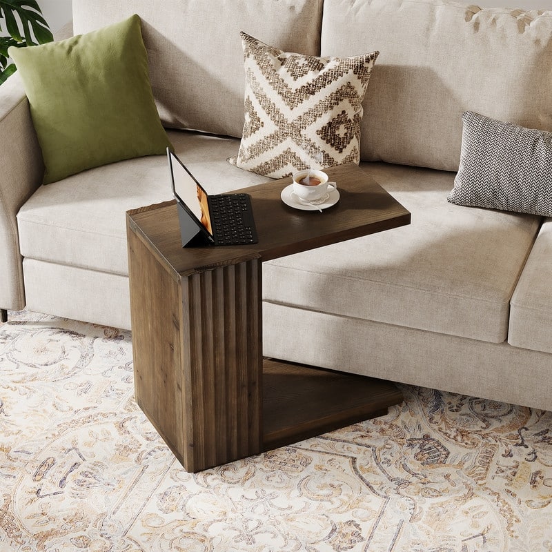 Solid Wood Side Table with Storage Shelf for Small Spaces, C Shaped Sofa End Table