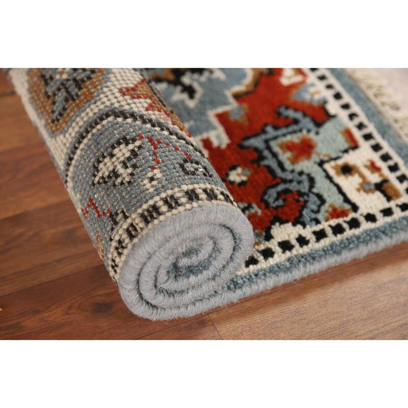 Geometric Blue Kazak Indian Foyer Rug Hand-Knotted Wool Carpet - 2'0" x 3'0"