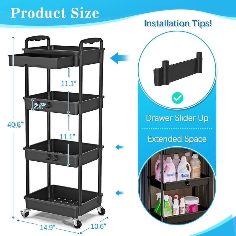 4 Tier Rolling Utility Cart with Drawer - 14.9"D x 10.6"W x 41.7"H - Black