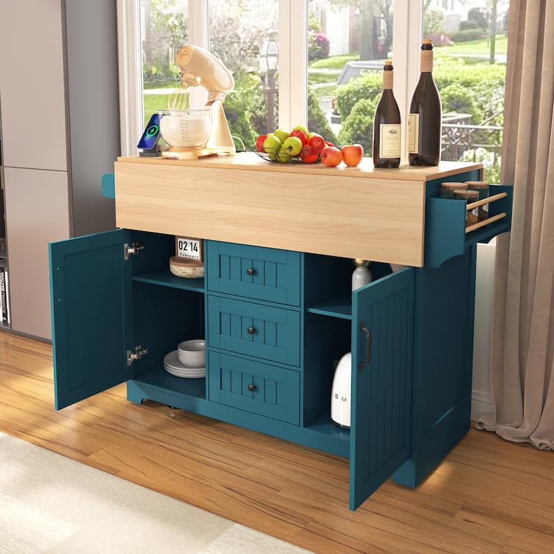 Large Kitchen Island with 2 Drop Leaf,Rolling Kitchen Cart on 5 Wheels with Power Outlet,Folding Storage Dining Table - N/A