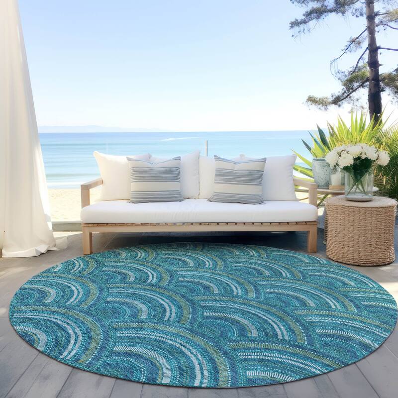 Machine Washable Indoor/ Outdoor Modern Mosaic Chantille Rug - Teal - 8' x 8'