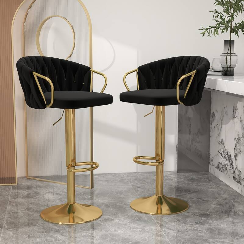 Set of 2 Bar Stool Adjustable Height Swivel Velvet Woven - Black