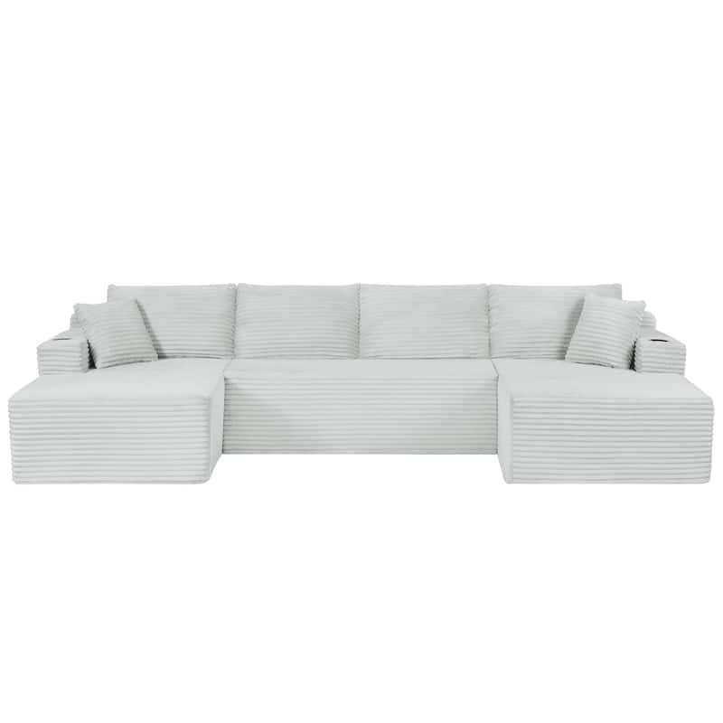 U-Shaped Modular Sectional Sofa with Dual Chaise Lounges, Corduroy Cloud Couch with Cup Holders, Compressible Deep Seat Sofa