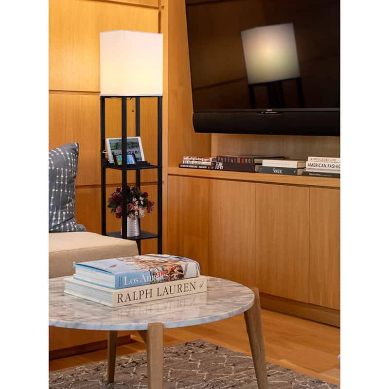 Brightech Maxwell 63 in. Classic Black Traditional USB Charging LED 3-Shelf Floor Lamp with White Fabric Square Shade