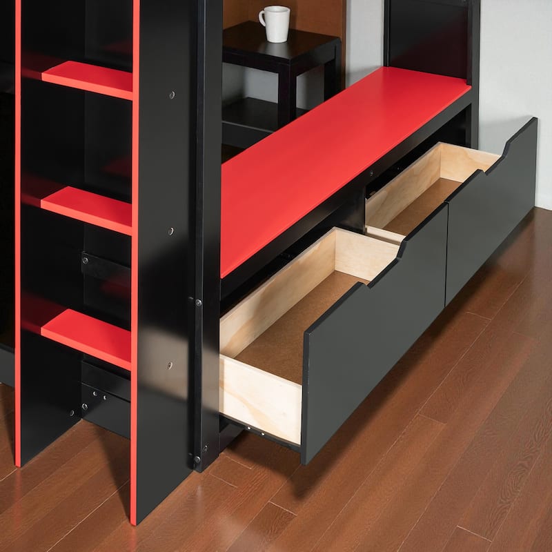 Full Size Wood Loft Bed with Adjustable Desk, Drawers, Storage Shelves, Hanging Rod and RGB LED Lights