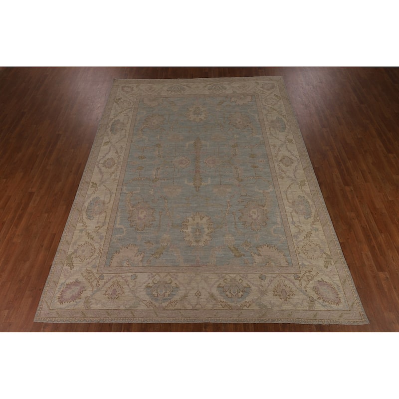 Floral Blue Oushak Turkish Area Rug Hand-Knotted Wool Carpet - 9'0"x 12'1"
